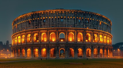 Naklejka premium This night photograph captures the illuminated Colosseum, a famous Italian landmark in Rome, showcasing its grandeur and beauty.