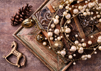 Christmas decoration on rustic stone background. Soft focus. Top view. Copy space.	