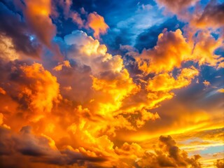 Vibrant orange and gold clouds glow against a serene blue sky, bathing in warm sunlight, perfect for dramatic evening or twilight landscape backgrounds.