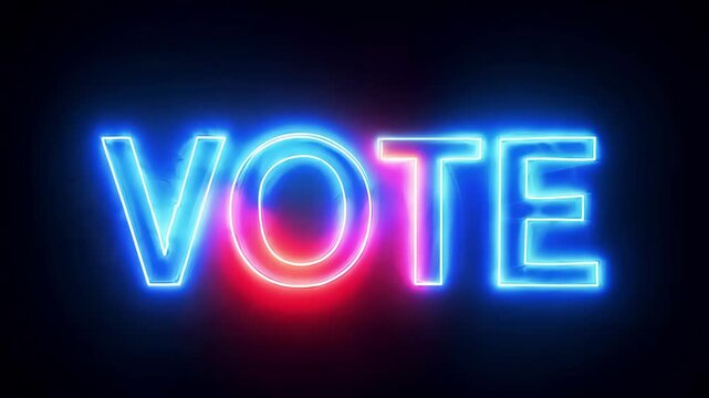 A bright neon sign displaying the word "VOTE" in bold, glowing letters against a dark background. The vibrant colors of blue, red, and white evoke a sense of urgency and civic duty