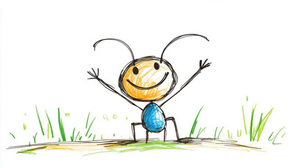 Hand-drawn illustration of a cheerful ant standing in grass with arms wide open, expressing happiness.