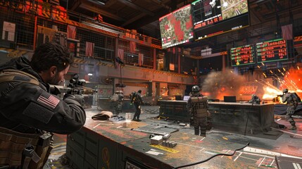 Screenshot of action video game with first person shooter (FPS) view. Fictional war and commands video game with player's perspective.