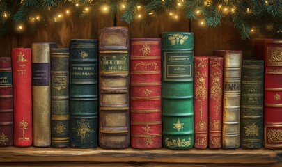 Old vintage books adorned with holiday Christmas lights decoration on a wooden shelf
