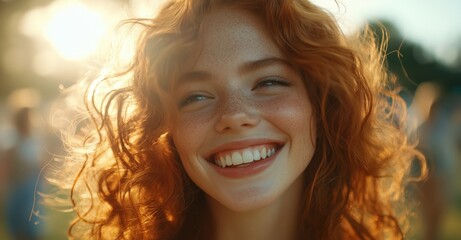 Fototapeta premium Happy curly redhead woman at music festival laughing, cinematic shot