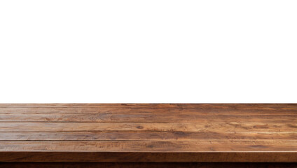 Empty wooden table top in warm brown tones, perfect for showcasing products or creating a rustic display,transparent background png file.