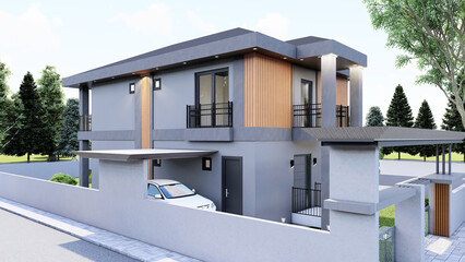 3D extrerior render of 2 floor of apartment with lighting, trees, parking lot and garden.  3D rendering.