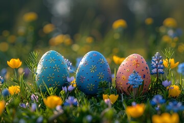 Easter Celebration: Colorful Decorated Eggs in Spring Meadow for Festive Decoration and Greeting Cards