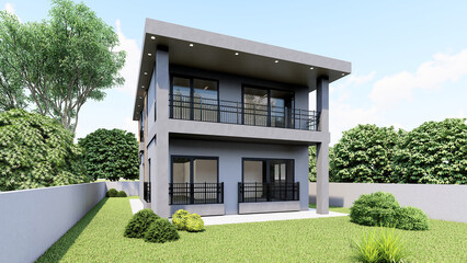 3D extrerior render of 2 floor of apartment with lighting, trees, parking lot and garden.  3D rendering.
