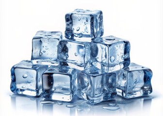 Fresh transparent ice cubes piled high on a crisp white background, evoking feelings of refreshment and rejuvenation, perfect for conveying coolness and serenity.