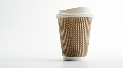 Brown corrugated disposable coffee cup with a white plastic lid on a white surface