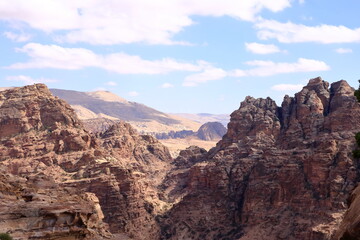 Scenic landscape view from the Ad-Deir Trail Monastery Route in the historic and archaeological city of Petra, Jordan