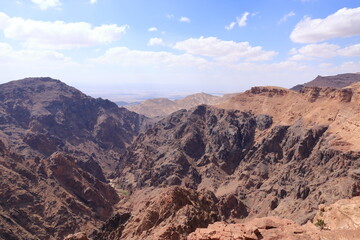 Scenic landscape view from the Ad-Deir Trail Monastery Route in the historic and archaeological city of Petra, Jordan