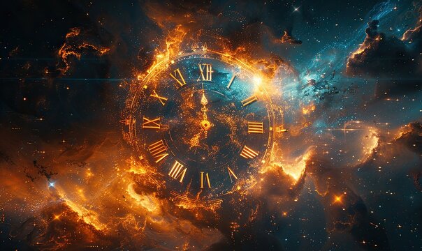 A conceptual clock in space represents the theme of time.