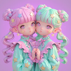 Fototapeta premium Two girls with pink and green hair and green and pink clothes. They are holding hands and have stars on their hair