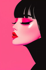 Stylish profile illustration of a woman with bold makeup against a vibrant pink background, embodying elegance and modern beauty.