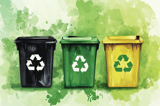 illustration of three differentiated recycling bins