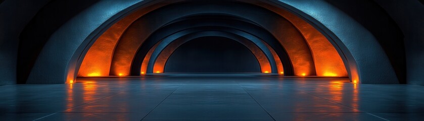 Futuristic underground tunnel with glowing orange lights, arched architecture, and modern design, creating a sci-fi atmosphere