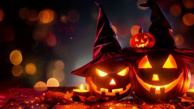 halloween pumpkins glowing faces witch hats autumn leaves candles blurred bokeh background festive celebration holiday smooth animation video