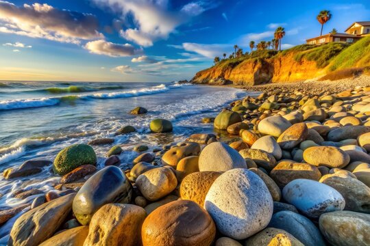 Worn boulders, strategically placed to combat erosion, mingle with ancient river rocks in the dynamic surf of Swamis Reef Surf Park in Encinitas, California.