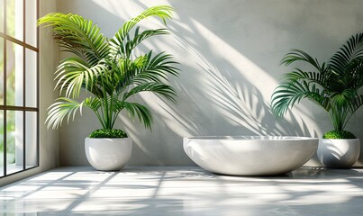 Fototapeta premium A minimal white counter podium bathed in soft dappled sunlight, with tropical palm leaf shadows on the wall, perfect for beauty product displays.