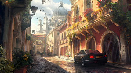 Fototapeta premium A car driving along a narrow, cobblestone street in an ancient European city, with the architecture towering above.