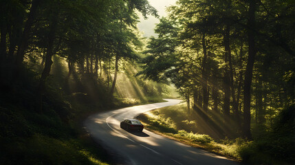 Obraz premium A car navigating a winding road through a dense forest, with sunlight filtering through the trees and casting dappled shadows.