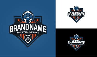 Football Team Badge Logo Design Template with Stripes and Soccer Ball