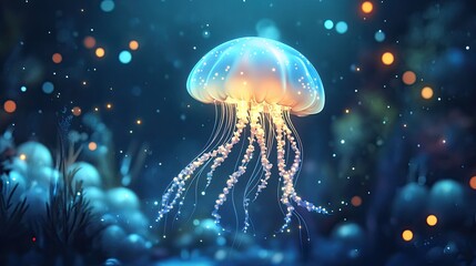 A cartoon jellyfish floating through a sea of stars, with glowing tentacles and a dreamy underwater background.