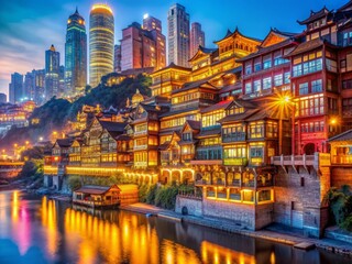 Fototapeta premium Vibrant Hongyadong complex in Chongqing's Yuzhong District, China, showcases modern architecture, bustling streets, and neon lights reflecting off the Yangtze River on a autumn evening.