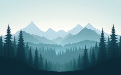 Obraz premium illustration of a forest landscape with mountains in the background, blue green color palette