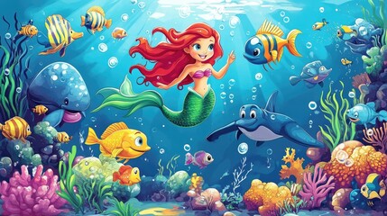 A cartoon mermaid swimming with a group of cheerful sea creatures, including fish, turtles, and dolphins.