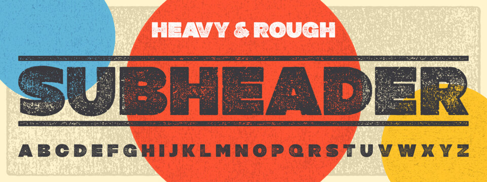 Rough Texture Subheader Font. Rolled Ink Letterpress Display Font. Works well at small sizes. Highly detailed individually textured characters with a really rough, print texture.