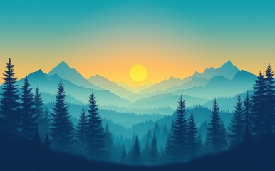 Obraz premium illustration of forest landscape with mountains, trees and sky in flat design style with green blue color palette