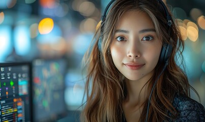 A woman in a headset works at a call center, representing telemarketing or technical support roles.
