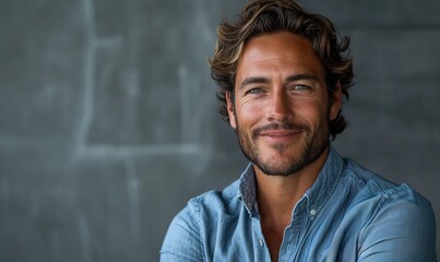 Obraz premium A smiling businessman in a blue shirt is isolated against a gray background, presenting a professional and approachable image.