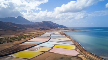 Aerial View of Salt Pans and Coastline with Mountains in the Background