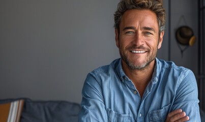 Fototapeta premium A smiling businessman in a blue shirt is isolated against a gray background, presenting a professional and approachable image.