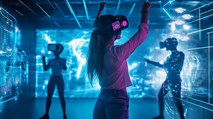 High-tech virtual reality education center with AI-driven personalized learning and interactive lessons