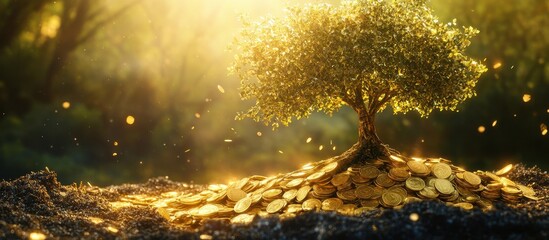 Golden Tree Growing from a Pile of Coins in a Sunlit Forest - Symbol of Wealth, Prosperity, and Financial Growth