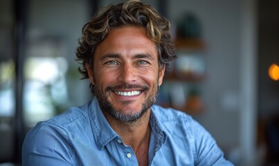 Obraz premium A smiling businessman in a blue shirt is isolated against a gray background, presenting a professional and approachable image.
