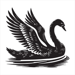 Fototapeta premium Mute Swan Silhouette, Cygnus olor Clipart, Mute swan On water slightly open wings illustration in black and white