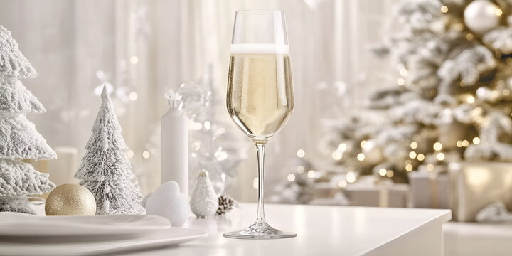 Background with 3D Christmas tree and gifts and champagne, layout with copy space - Powered by Adobe