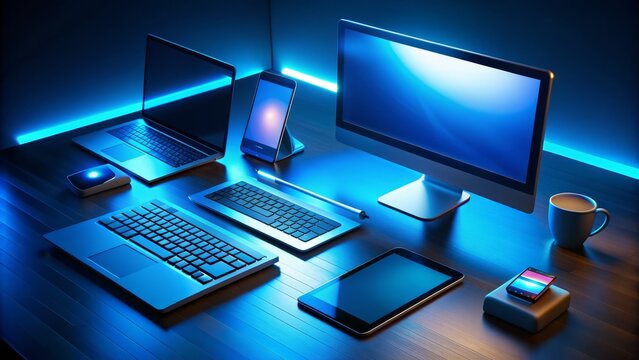 Modern technology setup featuring a blue-lit keyboard surrounded by multiple devices, including laptops, smartphones, and tablets, in a darkened room with soft glow.