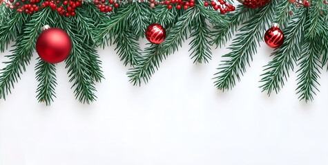 Merry Christmas background with pine branch and balls, layout with copy space