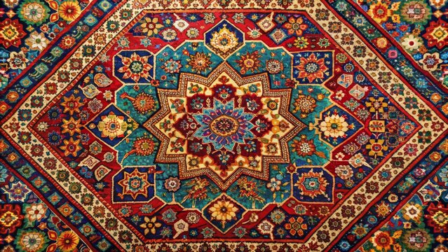 Vibrant, intricately woven carpet featuring a mesmerizing mix of geometric patterns, swirling shapes, and rich textures in a palette of bold, jewel-toned colors.