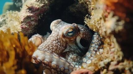 A close-up of an octopus hiding among rocks and coral, its tentacles blending with the surroundings in a display of camouflage.