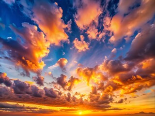 Fototapeta premium Vibrant panoramic sky with warm hues of sunrise or sunset, featuring fluffy white clouds drifting across a tranquil twilight horizon, perfect for nature backgrounds.