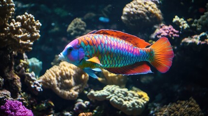 A colorful parrotfish swimming among the coral, its bright scales shimmering in the light.