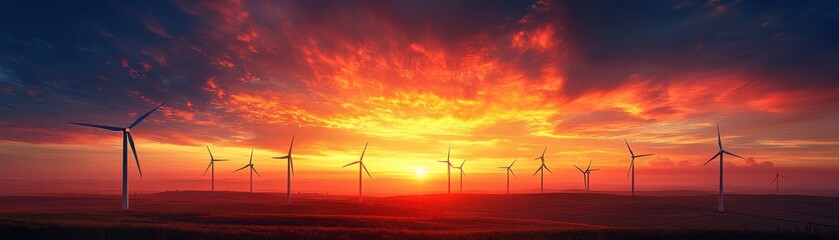 Obraz premium Stunning Sunset Over Wind Farm with Vibrant Sky and Renewable Energy Wind Turbines in Scenic Landscape