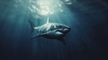 Fototapeta premium A great white shark cruising through the ocean depths, its powerful body cutting through the water with precision.
